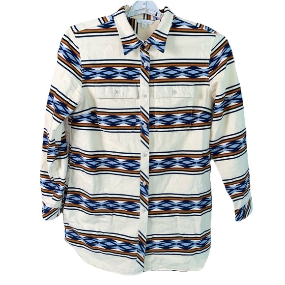 LL Bean Signature Women's Aztec Earth Stripe‎ Chamois Tunic Shirt Flannel Large - Picture 1 of 9